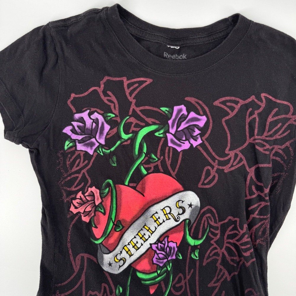 Reebok Pittsburgh Steelers T-Shirt Medium Black Heart Rose Tattoo Graphic Y2K